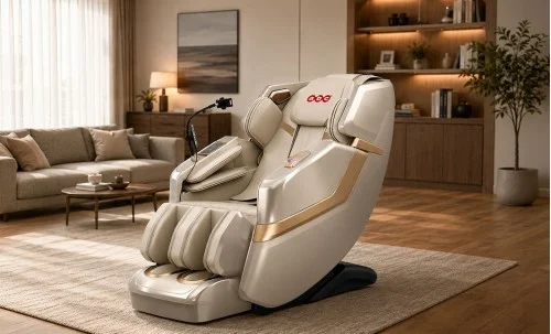 Fotoliu de Masaj VD-A024 Bej / Auriu, 12 Programe Automate, Zero Gravity, Încălzire, Bluetooth, Încărcare Wireless