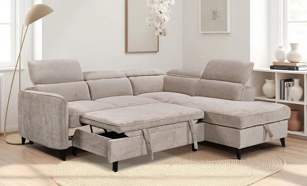 Colțar Extensibil Harmony KF7905 cu Ladă Depozitare, Șezlong Stânga, Gri Deschis 2