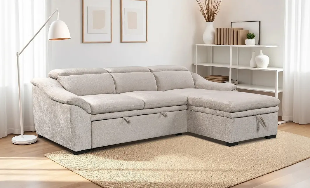 Colțar Extensibil Harmony KF7489 cu Ladă Depozitare, Șezlong Dreapta, Gri Deschis 1