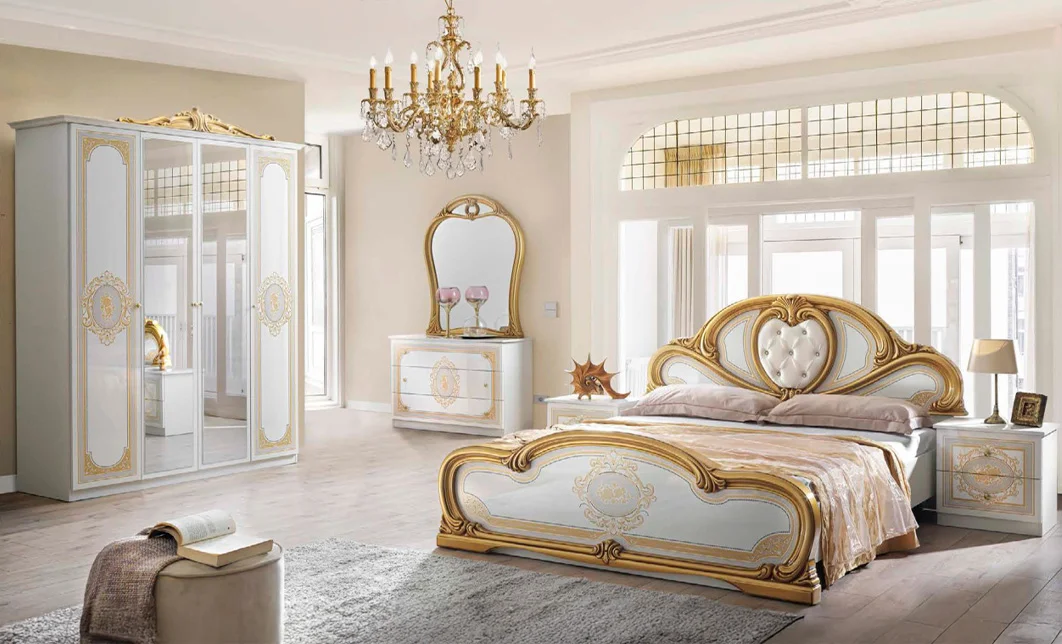 Dormitor Clasic Clarissa Bianco Gold cu Dulap 4 Uși