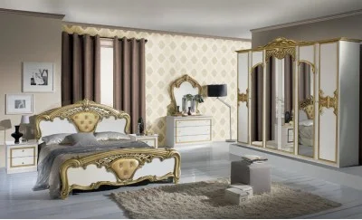 Dormitor Clasic Eva Bianco Gold cu Dulap 6 Uși