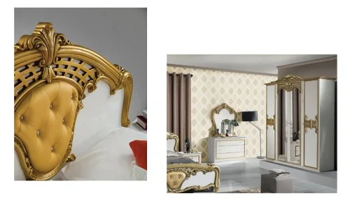 Dormitor Clasic Eva Bianco Gold cu Dulap 6 Uși