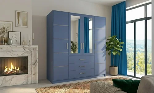 Dulap Bali 2 D4 Albastru cu Oglindă și 4 Uși