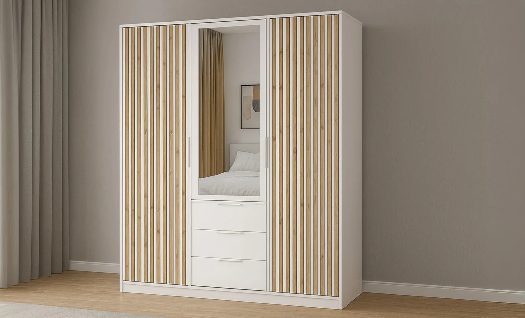 Dulap Bali Lux 3 Usi D3 Alb cu Riflaj si Oglinda