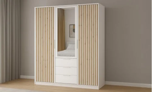 Dulap Bali Lux 3 Usi D3 Alb cu Riflaj si Oglinda