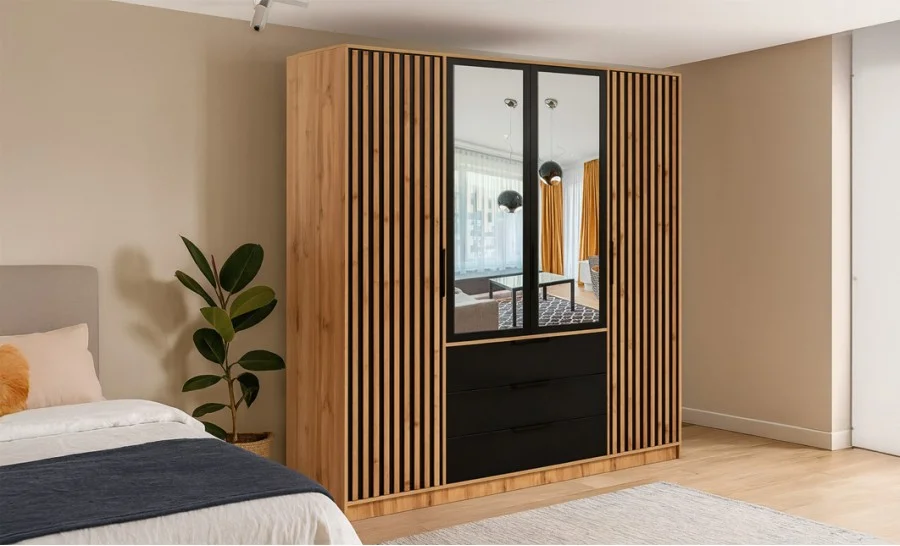 Dulap Bali Lux cu 4 Usi D4 cu Riflaj si Oglinda