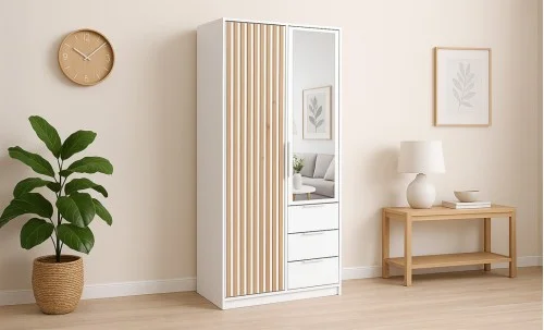 Dulap Bali Lux D2 Alb 2 Uși cu Riflaj și Oglindă