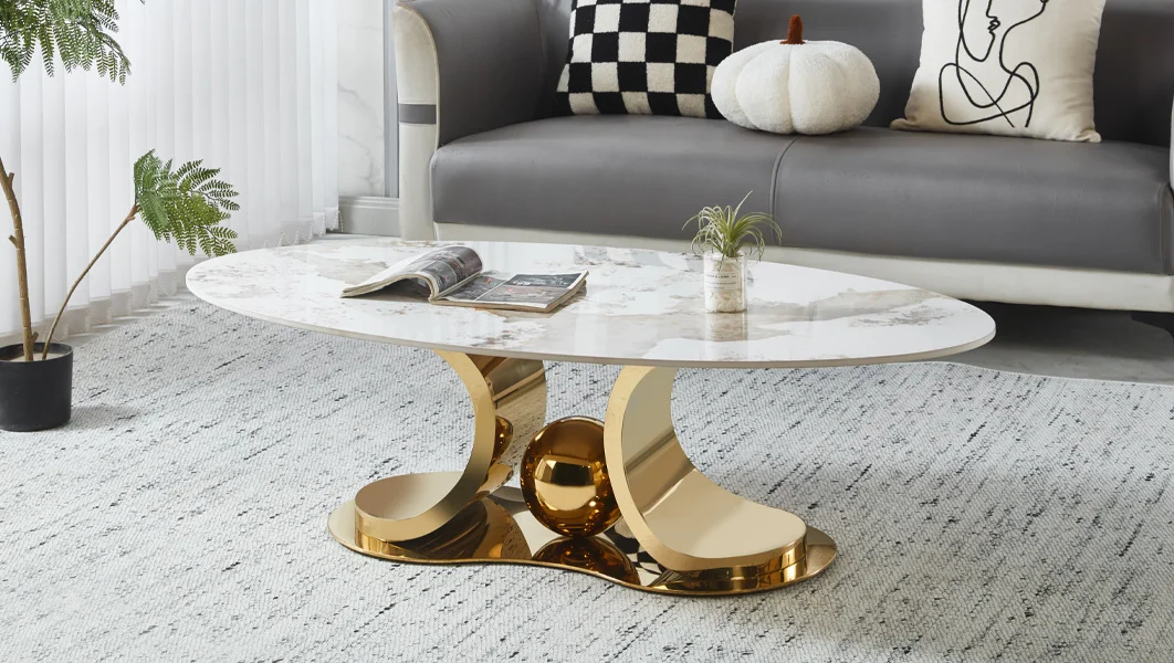 Masă de cafea KJCT5332 – Design sculptural cu blat marmură și bază