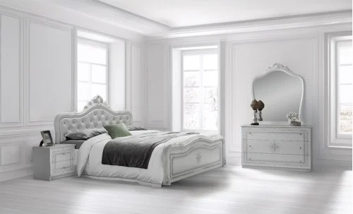 Dormitor Clasic Luisa Bianco Silver cu Saltea, Somieră și Dulap 4 Uși Incluse