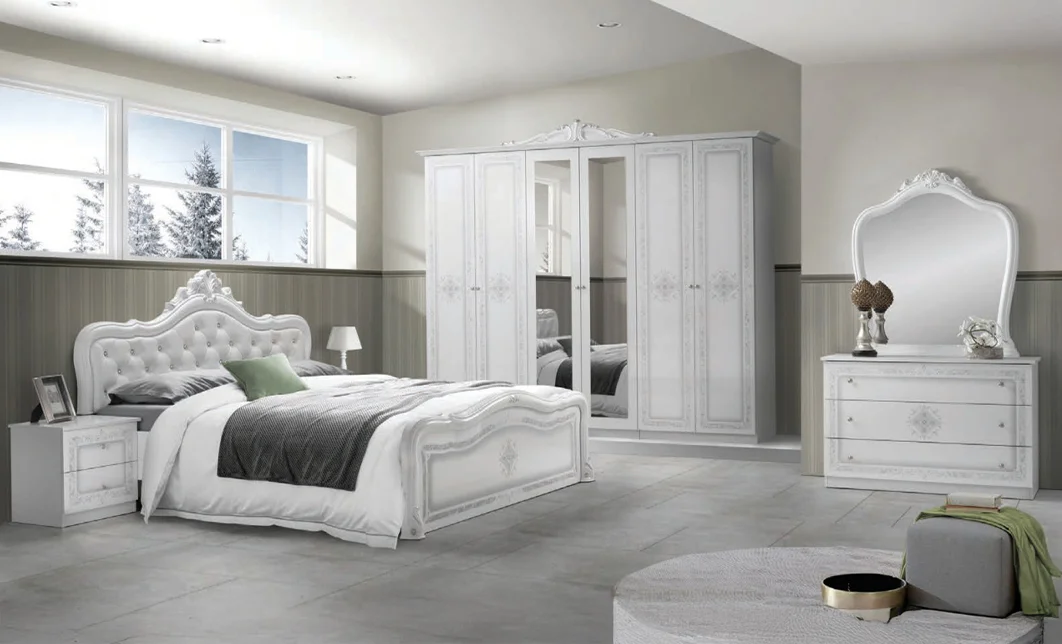 Dormitor Clasic Luisa Bianco Silver cu Dulap 6 Uși