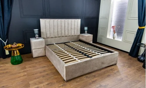 Pat Tapitat Klaus 2, bej deschis/somieră rabatabilă, 160x200