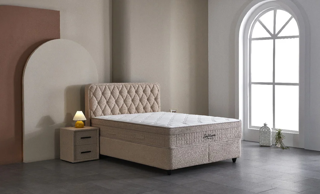 Set Pat Tapitat cu Saltea si Somiera Prestige Bej, 160x200 cm