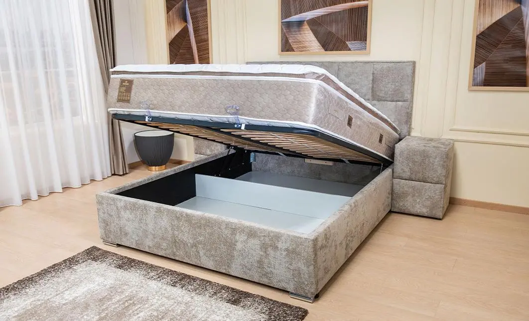 Pat Tapitat Klaus 3, bej deschis/somieră rabatabilă, 160x200