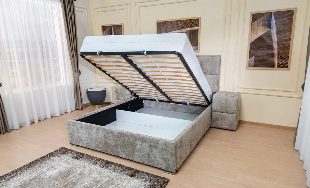 Pat Tapitat Klaus 3, bej deschis/somieră rabatabilă, 160x200 2