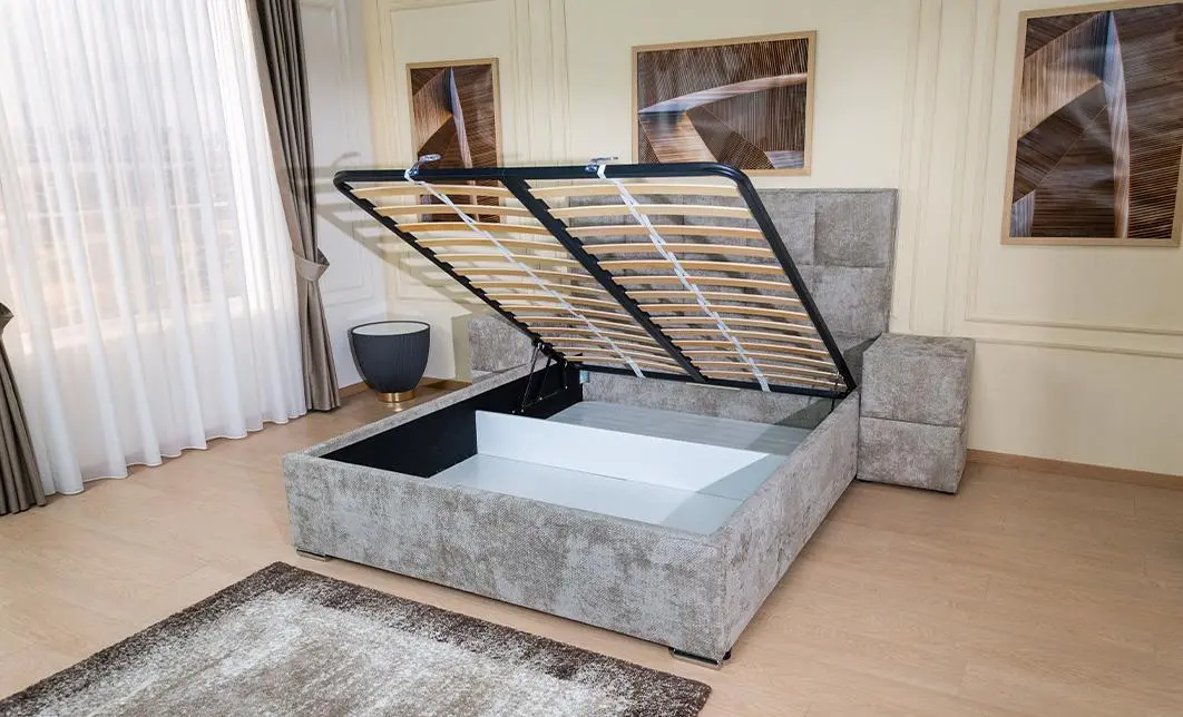 Pat Tapitat Klaus 3, bej deschis/somieră rabatabilă, 160x200 4