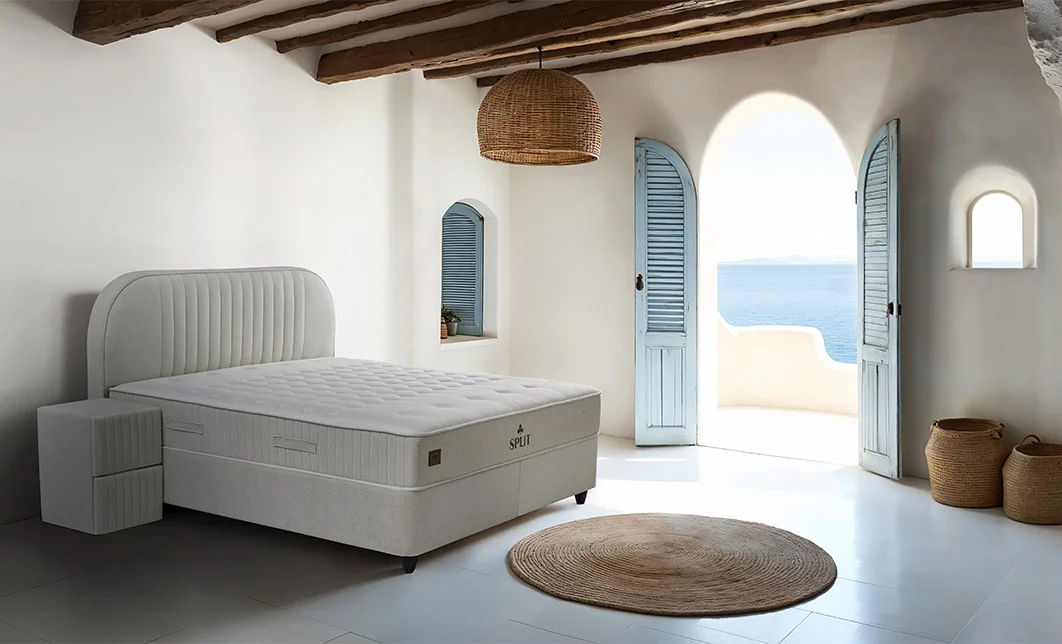 Set Pat Tapitat cu Saltea si Somiera Split Gri Deschis, 160x200