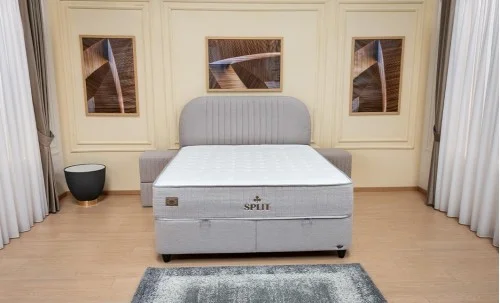 Set Pat Tapitat cu Saltea si Somiera Split Gri Deschis, 160x200