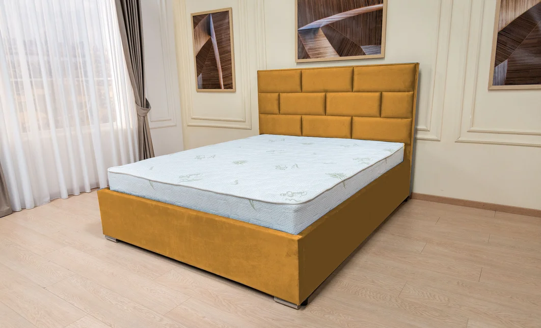 Set Pat Tapițat Mexico cu Saltea Bonell Aloe Vera și Somieră Rabatabilă, Muștar 160x200 10