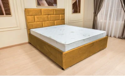 Set Pat Tapițat Mexico cu Saltea Bonell Aloe Vera și Somieră Rabatabilă, Muștar 180x200