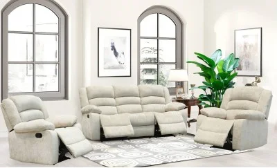 Set canapea cu 2 fotolii sistem recliner Comfort Lux White, bej