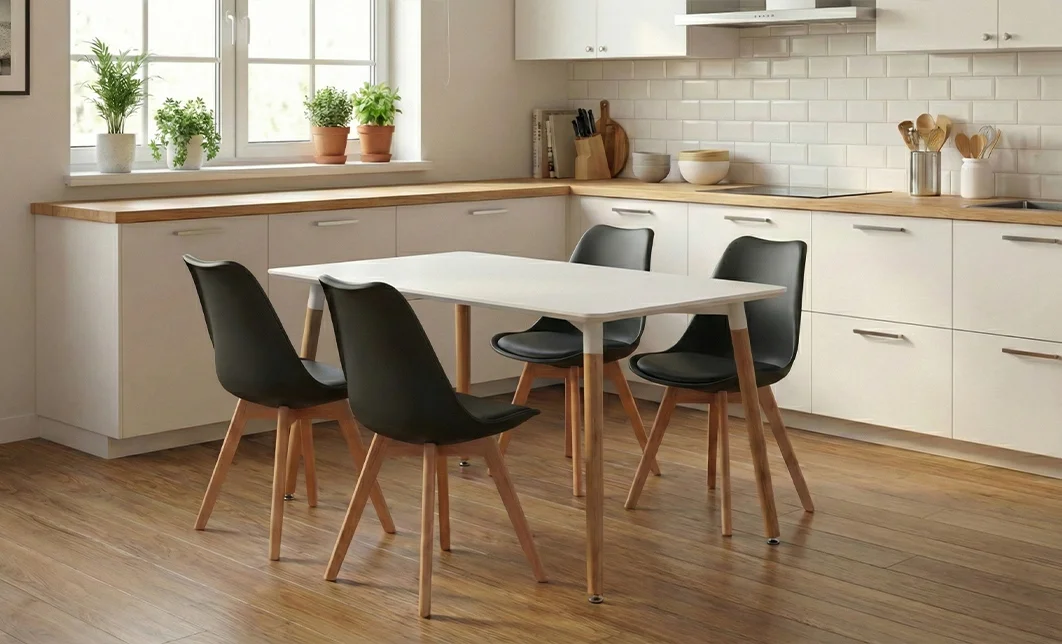 Set Masă Living SL673 Alba cu 4 Scaune J900 Negre