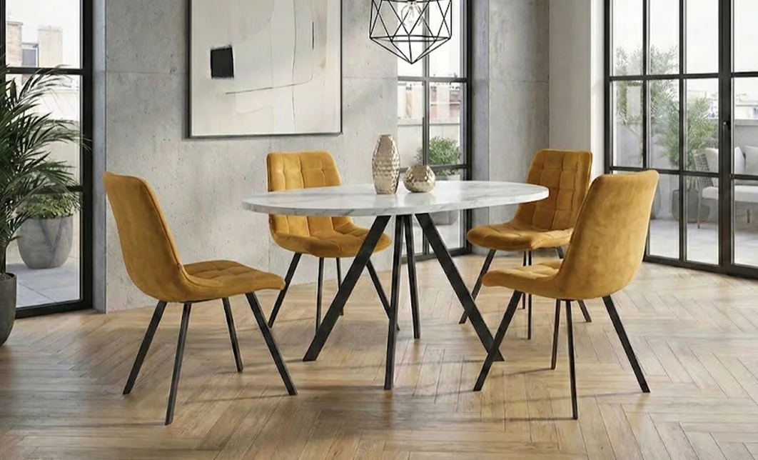 Set Masă Living Extensibilă Set Masă Extensibilă DTW0902MBE Albă cu 4 Scaune J265 Muștar