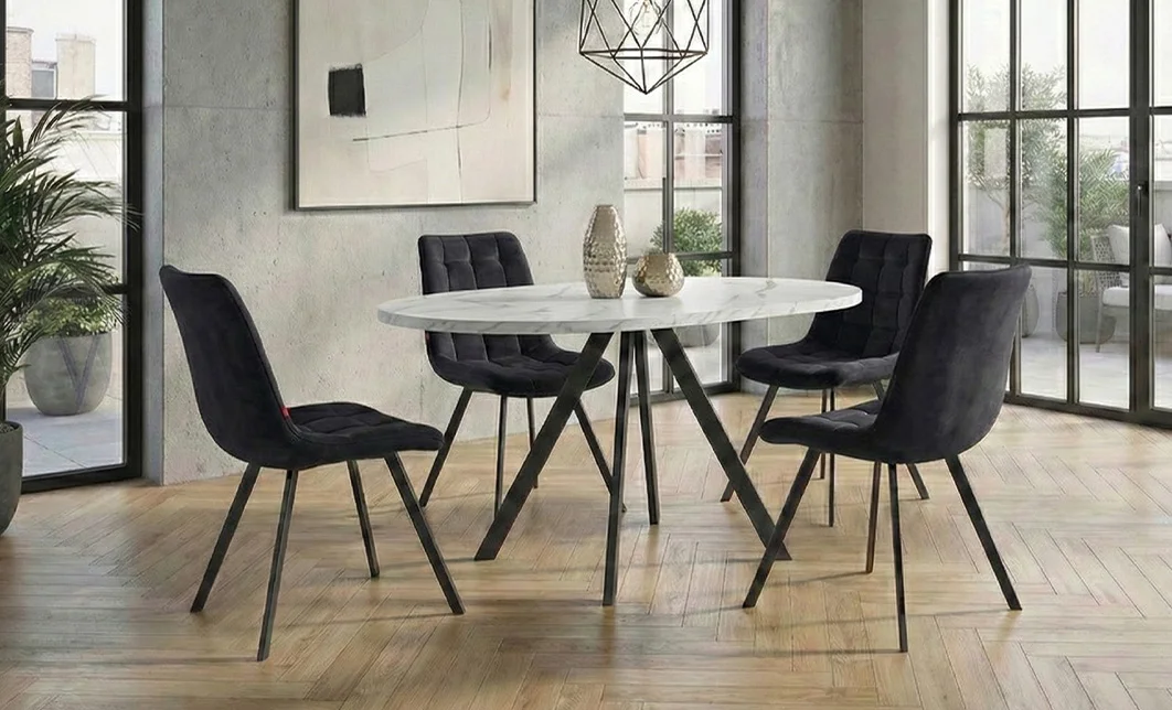 Set Masă Living Extensibilă Set Masă Extensibilă DTW0902MBE Albă cu 4 Scaune J265 Negre