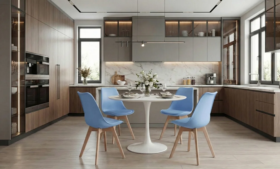 Set Masa Rotunda DT08 Alba cu 4 Scaune J900 Albastre