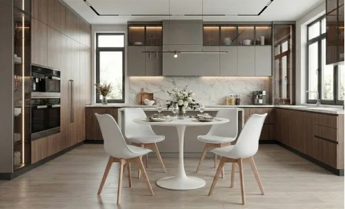 Set Masa Rotunda DT08 Alba cu 4 Scaune J900 Albe