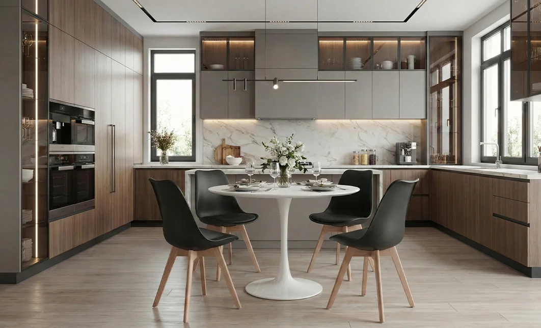 Set Masa Rotunda DT08 Alba cu 4 Scaune J900 Negre