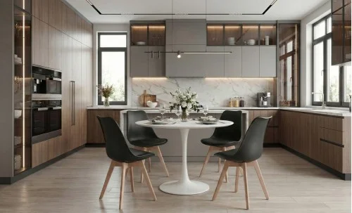 Set Masa Rotunda DT08 Alba cu 4 Scaune J900 Negre