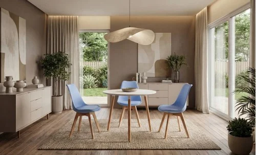 Set Masa Rotunda DT17 Alba cu 3 Scaune J900 Albastre