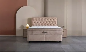 Set Pat Tapitat cu Saltea si Somiera Prestige Bej, 160x200 cm