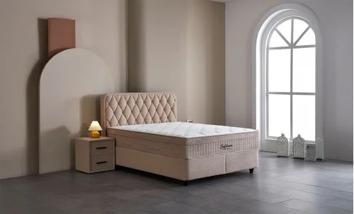 Set Pat Tapitat cu Saltea si Somiera Prestige Bej, 180x200 cm