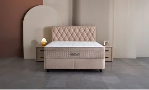 Set Pat Tapitat cu Saltea si Somiera Prestige Bej, 160x200 cm