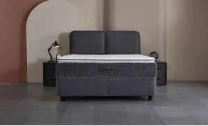 Set Pat Tapitat cu Saltea si Somiera Unique Gri Inchis, 160x200 cm