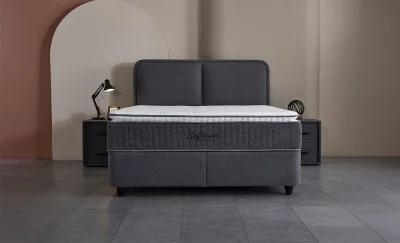 Set Pat Tapitat cu Saltea si Somiera Unique Gri Inchis, 160x200 cm