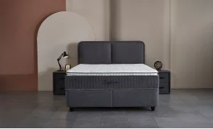 Set Pat Tapitat cu Saltea si Somiera Unique Gri Inchis, 160x200 cm