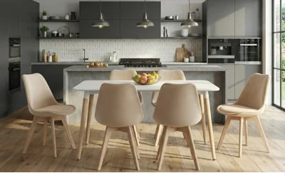 Set Masă Living SL673 Albă cu 6 Scaune de Living J901 Bej