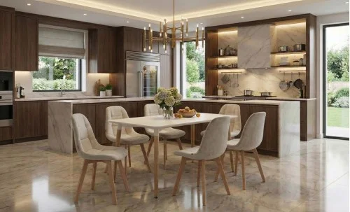 Set Masă Living SL673 Albă cu 6 Scaune de Living J901 Maro