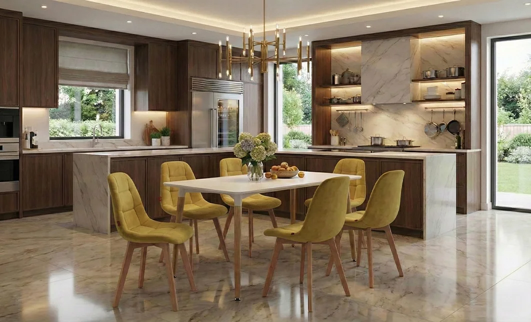 Set Masă Living SL673 Albă cu 6 Scaune de Living KJC5304 Galbene