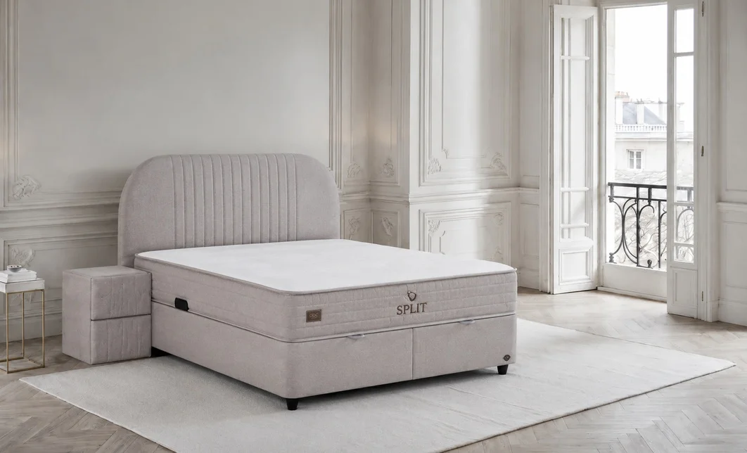 Set Pat Tapitat cu Saltea si Somiera Split Gri Deschis, 160x200