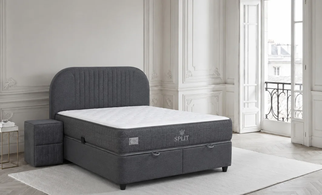 Set Pat Tapitat cu Saltea si Somiera Split Gri Inchis, 160x200