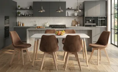 Set Masă Living SL673 Albă cu 6 Scaune de Living J901 Maro