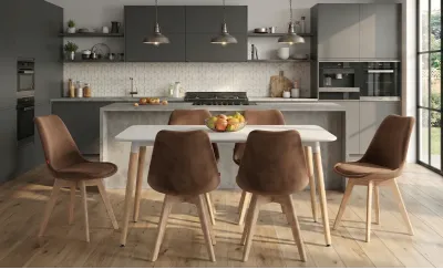 Set Masă Living SL673 Albă cu 6 Scaune de Living J901 Maro