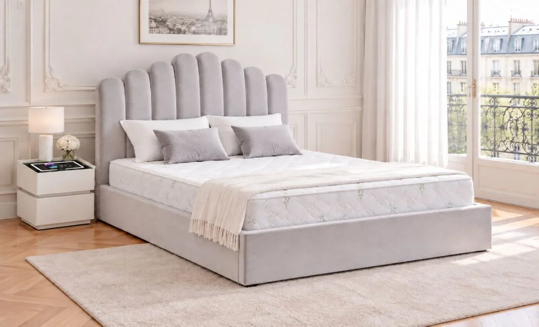 Set Pat Tapițat cu Saltea Bonell Aloe Vera și Somieră Rabatabilă KJB5462, 160x200, Gri