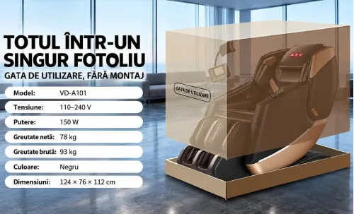 Fotoliu de Masaj A101 SL Negru/Maro, Șină SL 135 cm, 6 Role, 18 Programe, Zero Gravity, Încălzire cu Pelin