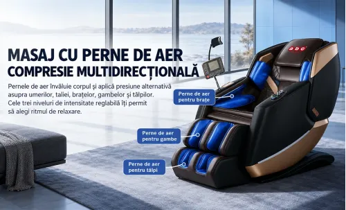 Fotoliu de Masaj A101 SL Negru/Maro, Șină SL 135 cm, 6 Role, 18 Programe, Zero Gravity, Încălzire cu Pelin