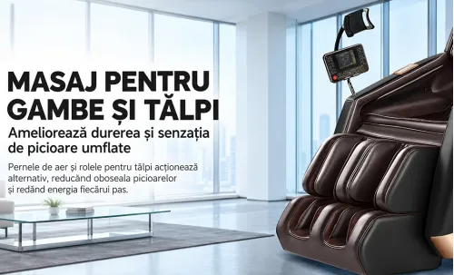 Fotoliu de Masaj A101 SL Negru/Maro, Șină SL 135 cm, 6 Role, 18 Programe, Zero Gravity, Încălzire cu Pelin