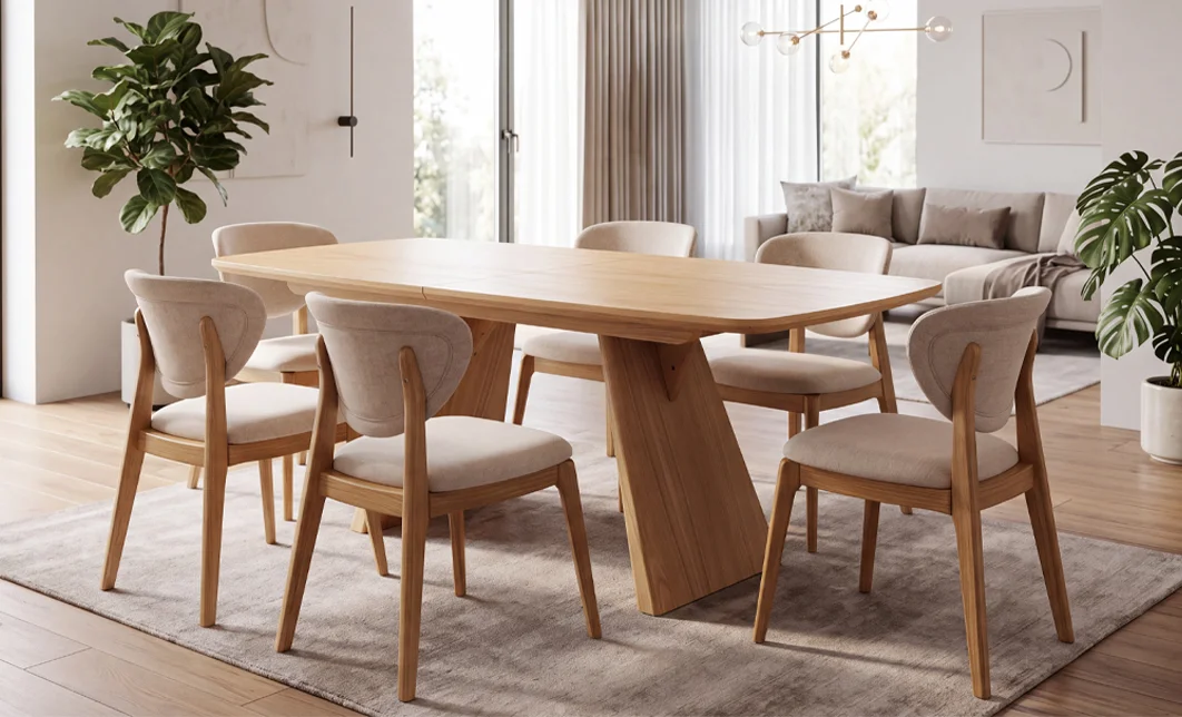 Set Masă Living Extensibilă DTW1002 Natur cu 6 Scaune DCW2703 CF Bej